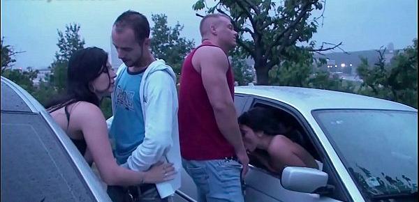  Public orgy with 2 horny girls fucked by strangers in the cars dogging gang bang